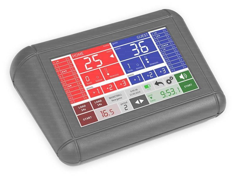 Consolle principale di pilotaggio con schermo touchscreen, adatta sia per tabelloni con segnale via cavo che radio (Consolle di pilotaggio tabelloni, guanciali e tabelloni dei 24 secondi)