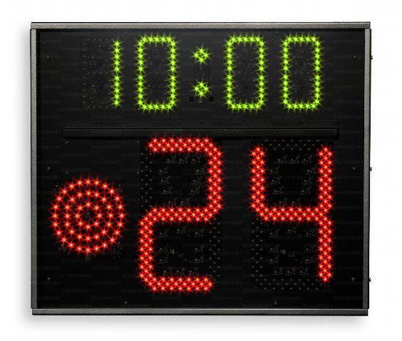Tabellone indicatore di 24 secondi con la visualizzazione del timer(con cifre da 0 a 99 alte 30 cm.), del tempo di gioco (con cifre alte14 cm) e della luce rossa (diam. 15 cm.)