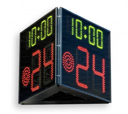 Tabellone indicatore di 24 secondi con la visualizzazione su 3 lati del timer (con cifre da 0 a 99 alte 30 cm.), del tempo di gioco (con cifre alte14 cm) e della luce rossa (diam. 15 cm.)
