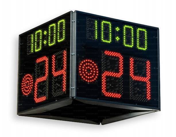Tabellone indicatore di 24 secondi con la visualizzazione su 4 lati del timer (con cifre da 0 a 99 alte 30 cm.), del tempo di gioco (con cifre alte14 cm) e della luce rossa (diam. 15 cm.)